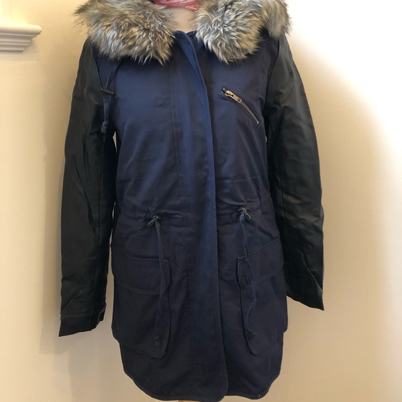 French Connection navy parker with faux leather sleeves, US 2 - Picture 2 of 11